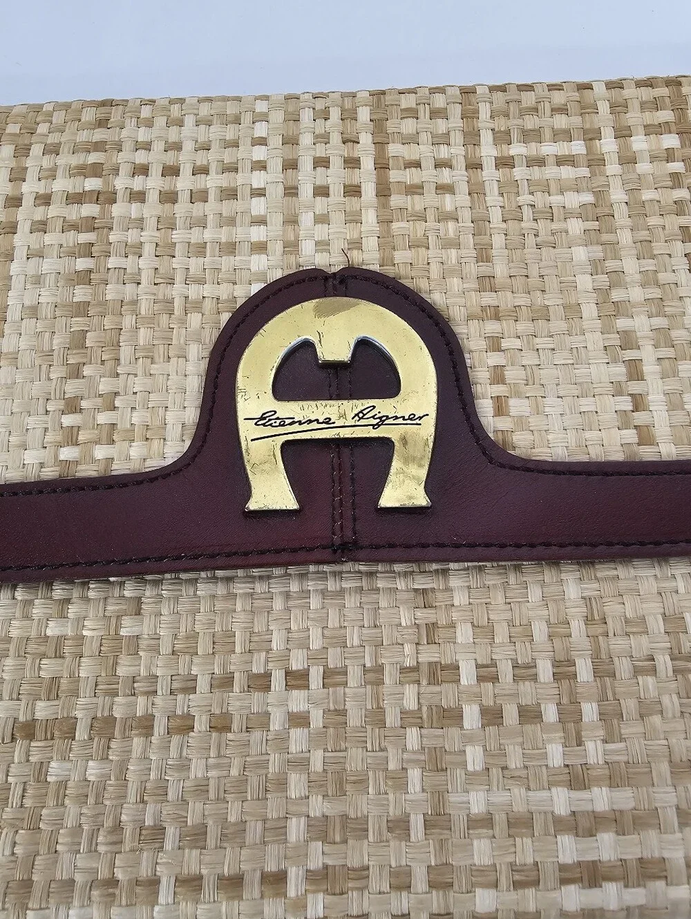 Etienne Aigner Woven Straw Clutch with Burgundy Leather Trim Vintage